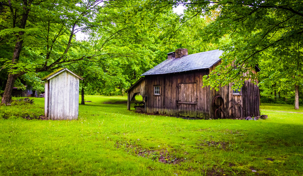 Old barn and outhouse at Millbrook Village, at Delaware Water Gap National Recreational Area, New Jersey.